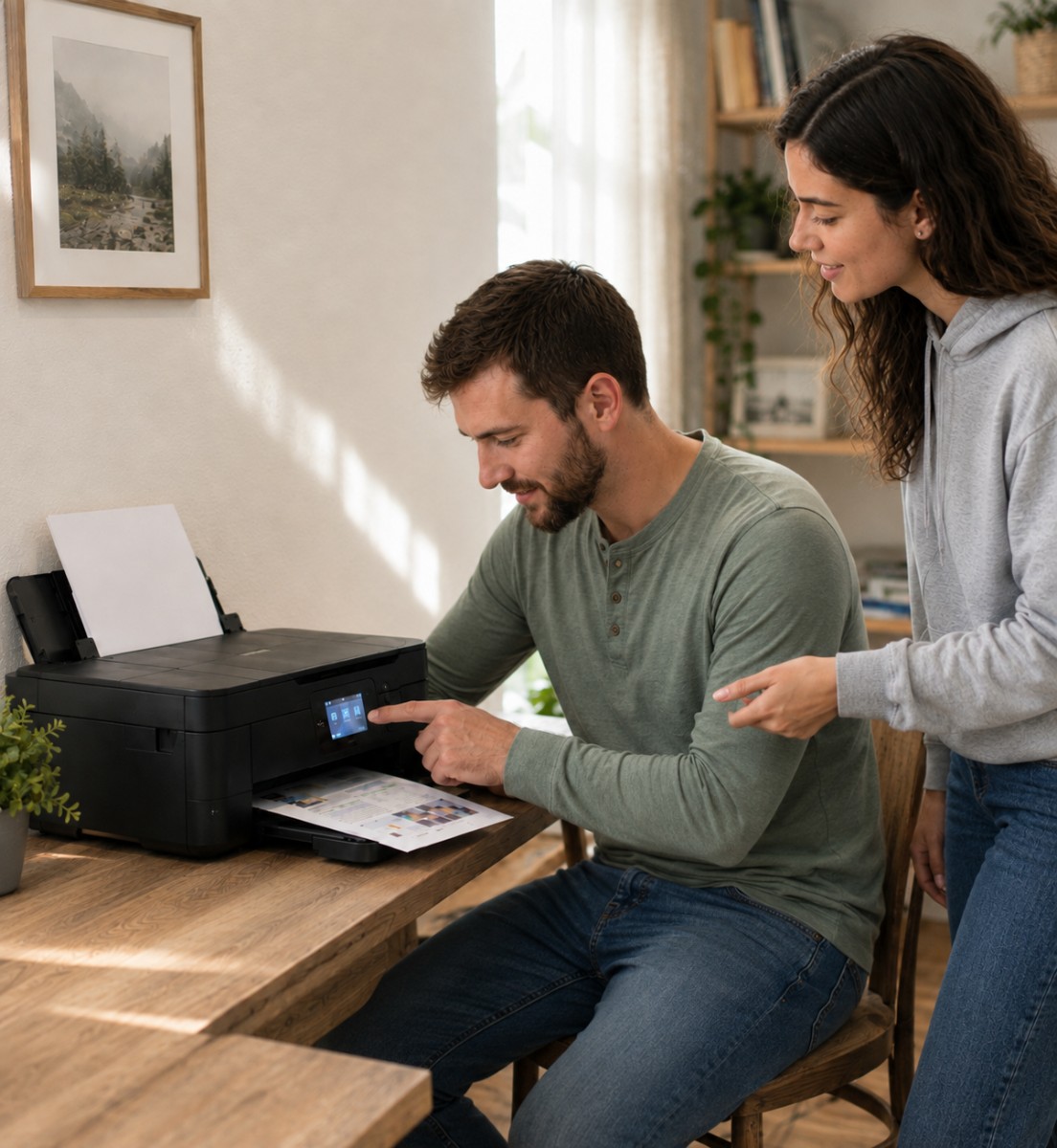 Une Décodeuse accompagne un client dans la configuration de son imprimante
