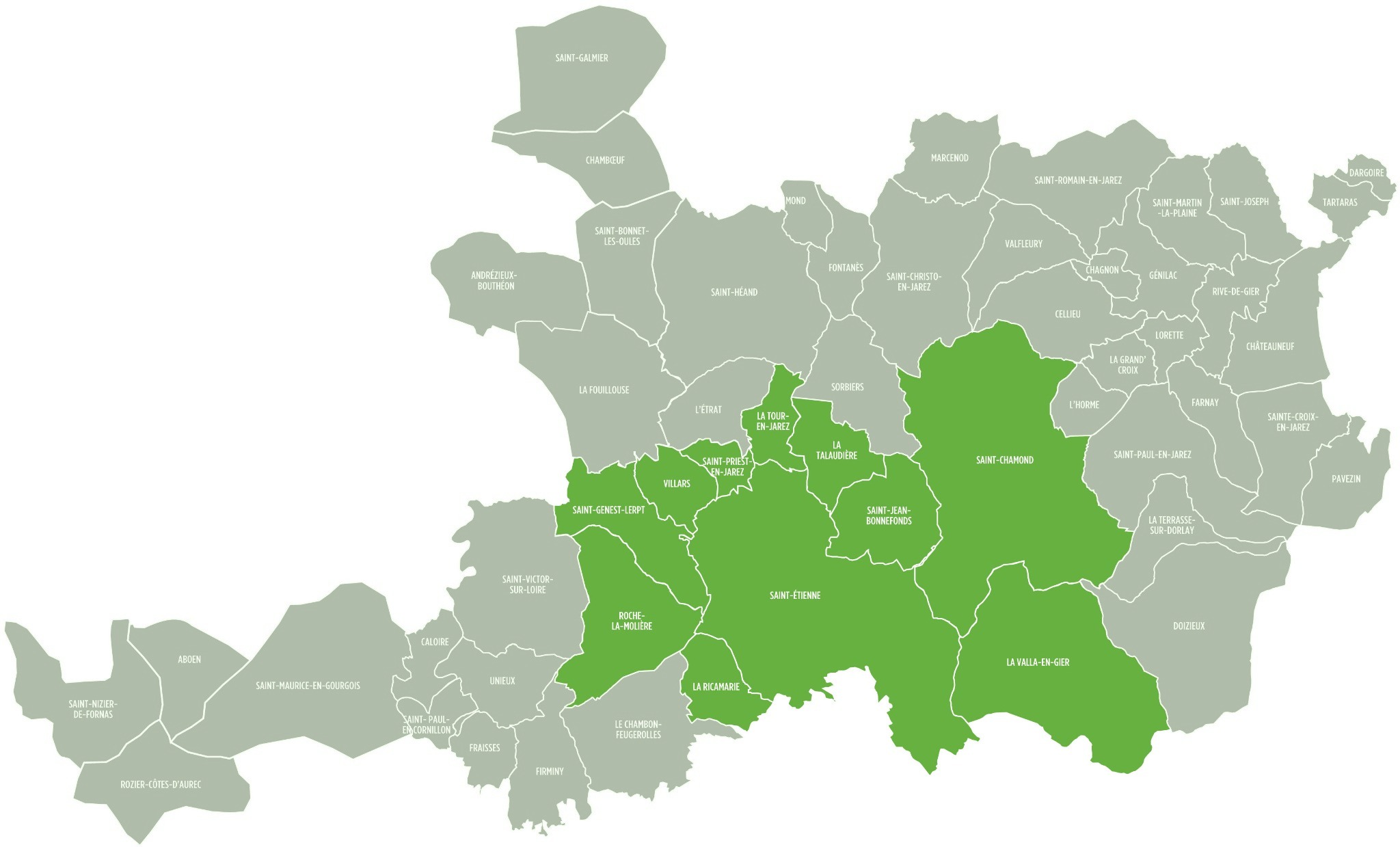 Carte du bassin stéphanois. En vert, les communes où le déplacement est inclus : Saint-Étienne, Saint-Priest-en-Jarez, La Tour-en-Jarez, La Talaudière, Saint-Jean-Bonnefonds, Villars, Saint-Genest-Lerpt, La Ricamarie, Roche-la-Molière, Saint-Chamond et La Valla-en-Gier. En gris, les communes hors de cette zone.